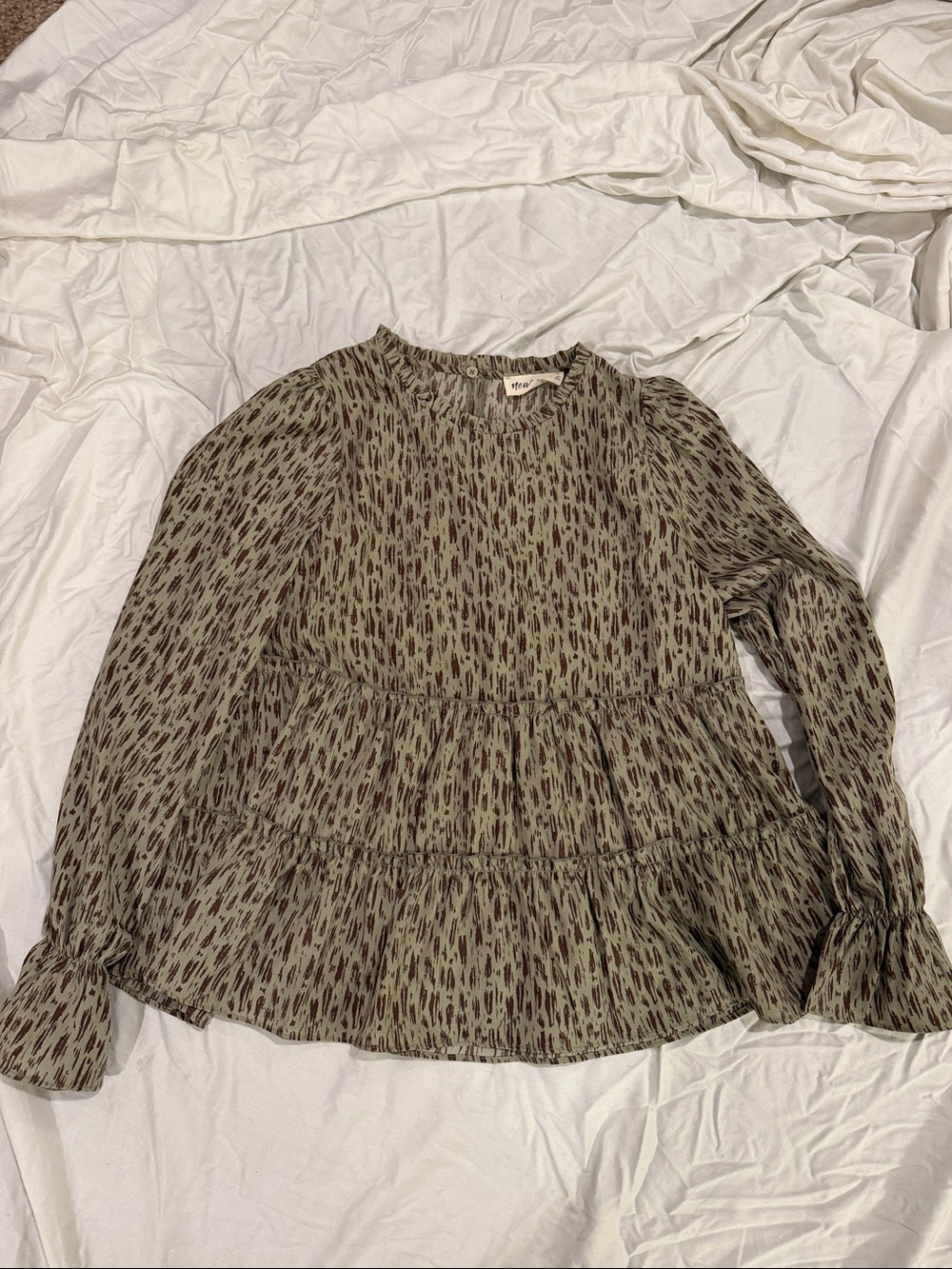 Maeve Olive and Brown Printed Tiered Long-Sleeve Blouse